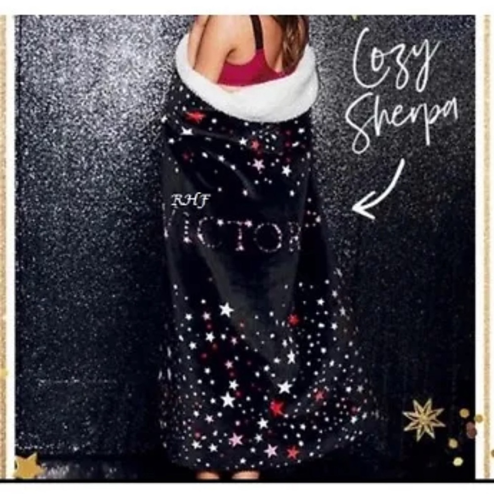 Victoria’s Secret Black with Pink and red stars Sherpa blanket throw 50x60 New